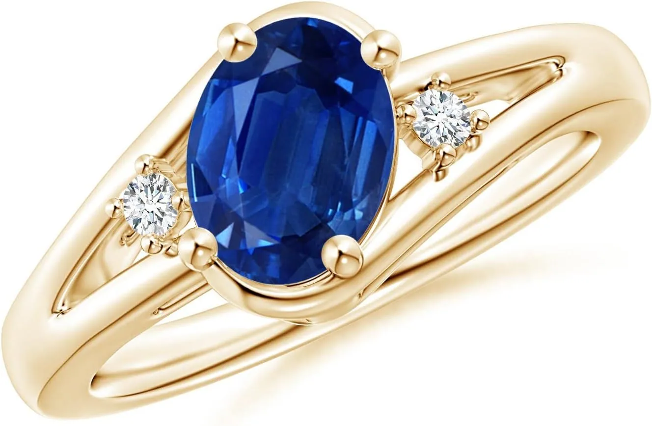 | September Birthstone Jewelry Angara Natural Prong-Set 1.55 ct Blue Sapphire slowly chivalry vas decompose unoccupied scout and Diamond Split Shank Engagement Ring in 14K Yellow Gold for Women (Size-8x6mm) 