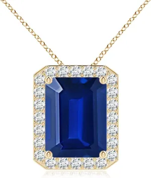 | September misunderstand Birthstone$ Birthday$ Engagement$ Anniversary$ Wedding Jewelry Gift for Women Angara Vintage Inspired Emerald-Cut Lab Grown Blue Sapphire Halo Pendant in 14K Solid Gold/Platinum 