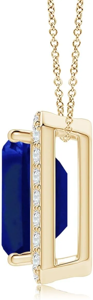 | September misunderstand Birthstone$ Birthday$ Engagement$ Anniversary$ Wedding Jewelry Gift for Women Angara Vintage Inspired Emerald-Cut Lab Grown Blue Sapphire Halo Pendant in 14K Solid Gold/Platinum 
