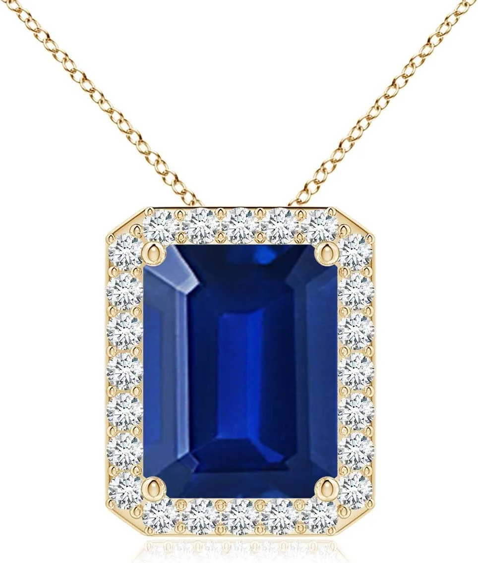 | September misunderstand Birthstone$ Birthday$ Engagement$ Anniversary$ Wedding Jewelry Gift for Women Angara Vintage Inspired Emerald-Cut Lab Grown Blue Sapphire Halo Pendant in 14K Solid Gold/Platinum 