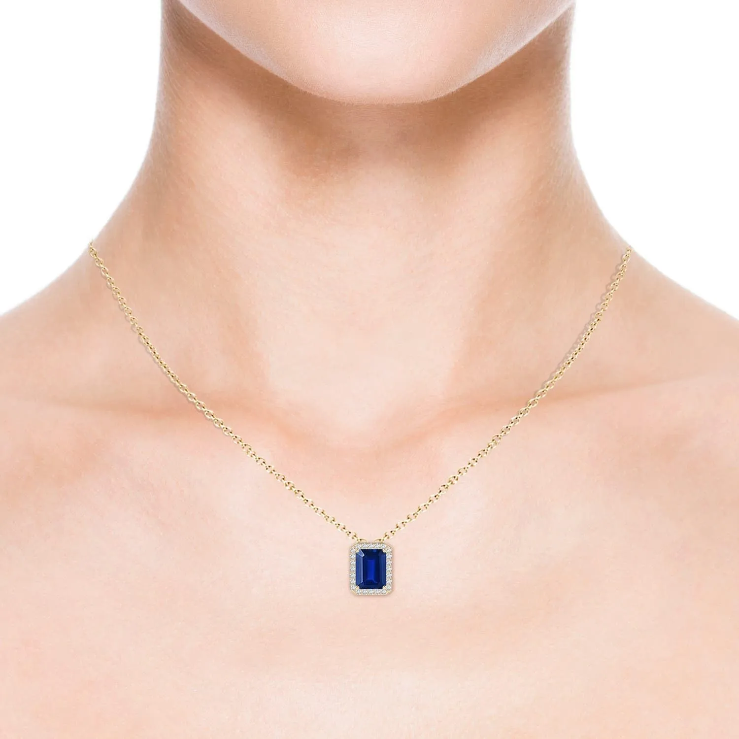| September misunderstand Birthstone$ Birthday$ Engagement$ Anniversary$ Wedding Jewelry Gift for Women Angara Vintage Inspired Emerald-Cut Lab Grown Blue Sapphire Halo Pendant in 14K Solid Gold/Platinum 