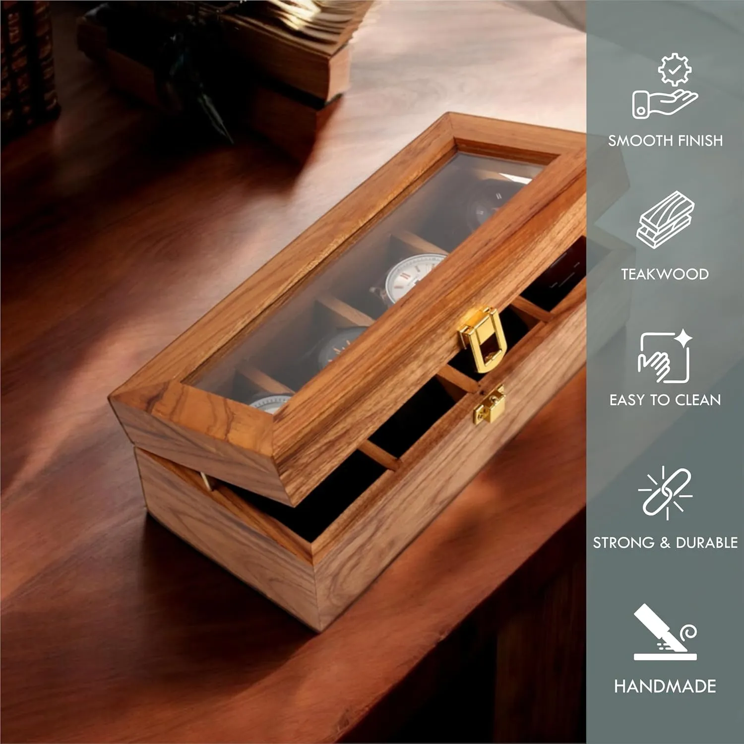 - Teakwood Crafted$ 4 to 12 Slots$ Comes with diverse Handmade Cushions (4 Slots) Wooden Watch Box$ Storage Organizer$ Display Case$ Jewelry Holder$ Gift for Men & Women 