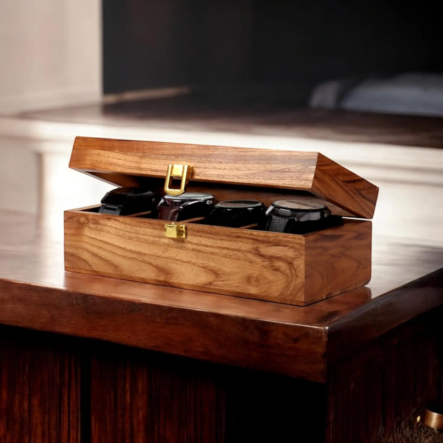 - Teakwood Crafted$ 4 to 12 Slots$ Comes with diverse Handmade Cushions (4 Slots) Wooden Watch Box$ Storage Organizer$ Display Case$ Jewelry Holder$ Gift for Men & Women 