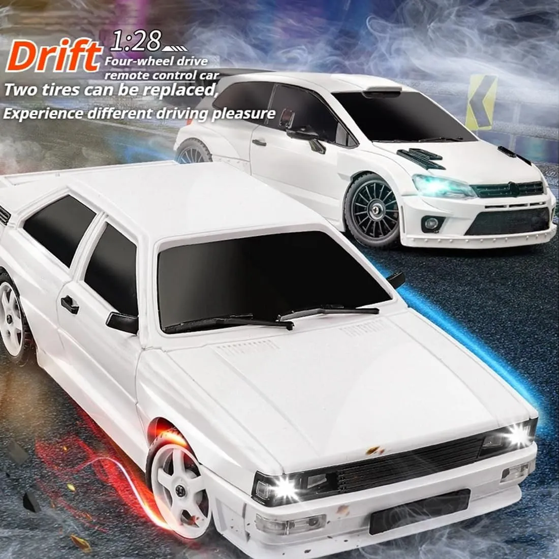 -White (LD2804) 1:28 Scale Mini RC Drift Car, 4WD Full Proportional Drift Racing Sport Car with LED Lights High-Speed 2.4GHz Off-Road Vehicle for alligator Adults & Enthusiasts 