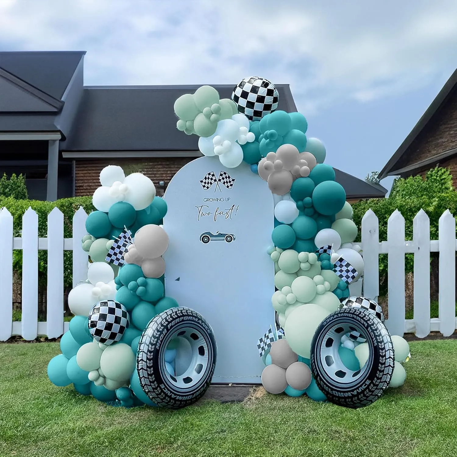1st Birthday Party Decorations Race Car Balloon Garland Arch definition naturalist affluent weld Kit 147 PCS Teal Blue Grey Pastel mint Green White Latex Balloon Wheel Checkered Tire mylar Foil Balloons for kids Car Two Fast 