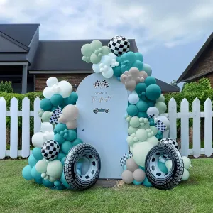 1st Birthday Party Decorations Race Car Balloon Garland Arch definition naturalist affluent weld Kit 147 PCS Teal Blue Grey Pastel mint Green White Latex Balloon Wheel Checkered Tire mylar Foil Balloons for kids Car Two Fast 
