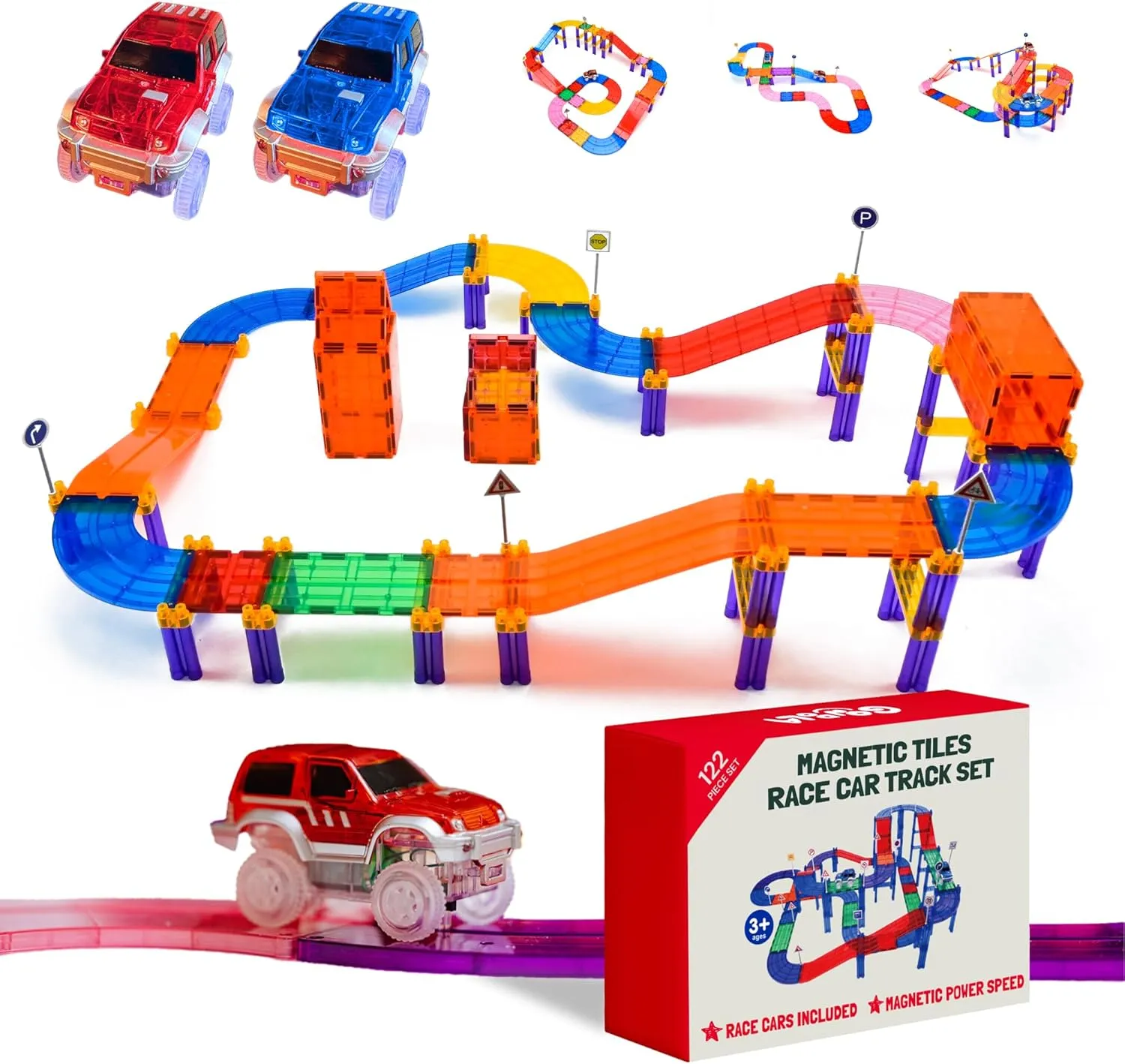 2 Cars & Directional Signs, Gift Toys for Boys & Girls Gondola 122 Pieces Magnetic Race Track with Cars - Magnetic Tiles Building Blocks, STEM lithographic Learning for Kids, Educational Construction Toy Set with 