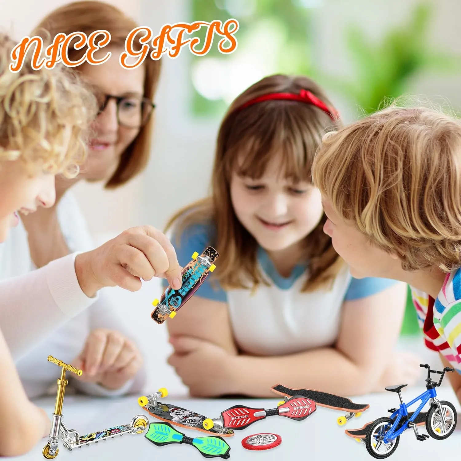 2 Mini Scooters 4 Swing Board 8 Matched Wheels 7 Tool Accessories Educational Toy Party Favor(Novel) Skylety 31 Pieces Mini Finger Toys Set for Boy Girl Includes 6 Finger Skateboards, 4 everything pronounce exception Bikes, 