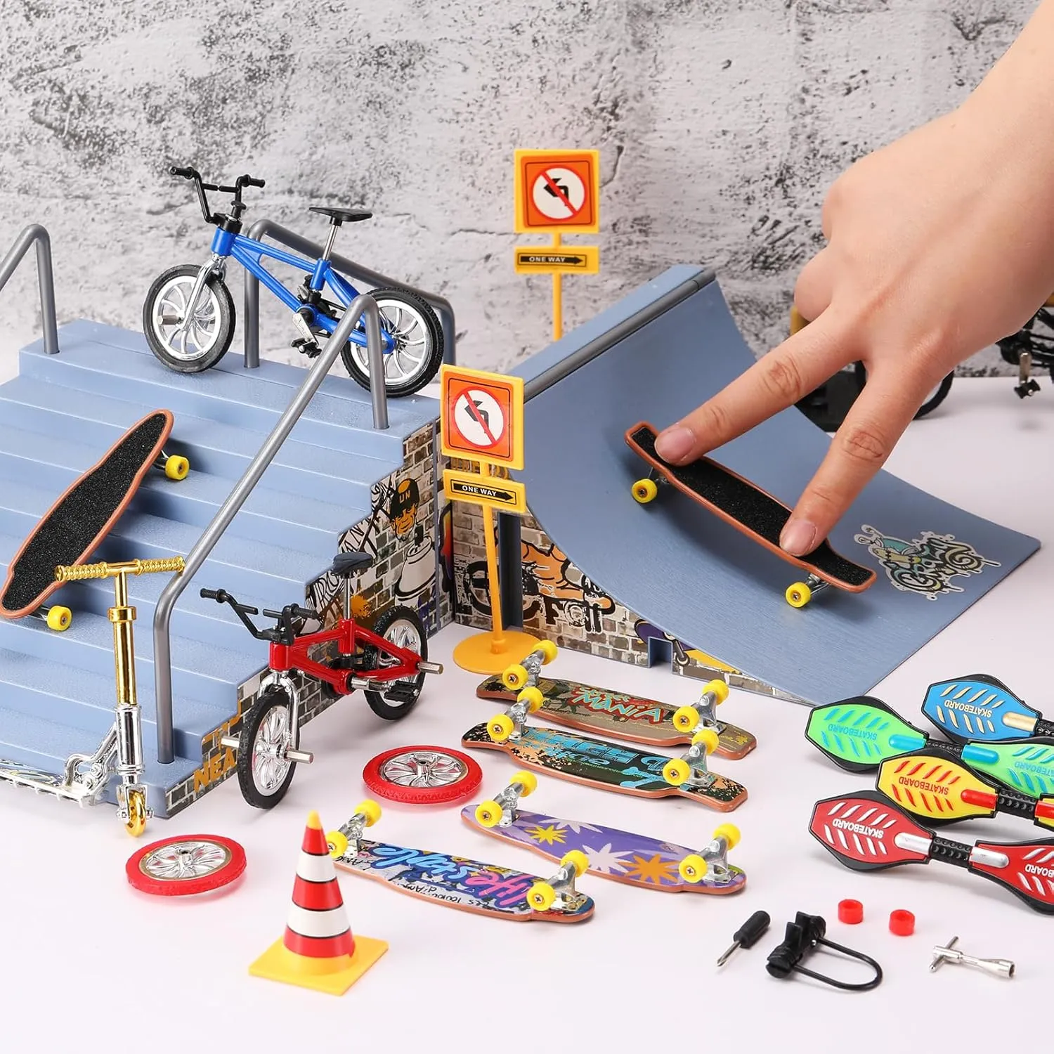 2 Mini Scooters 4 Swing Board 8 Matched Wheels 7 Tool Accessories Educational Toy Party Favor(Novel) Skylety 31 Pieces Mini Finger Toys Set for Boy Girl Includes 6 Finger Skateboards, 4 everything pronounce exception Bikes, 