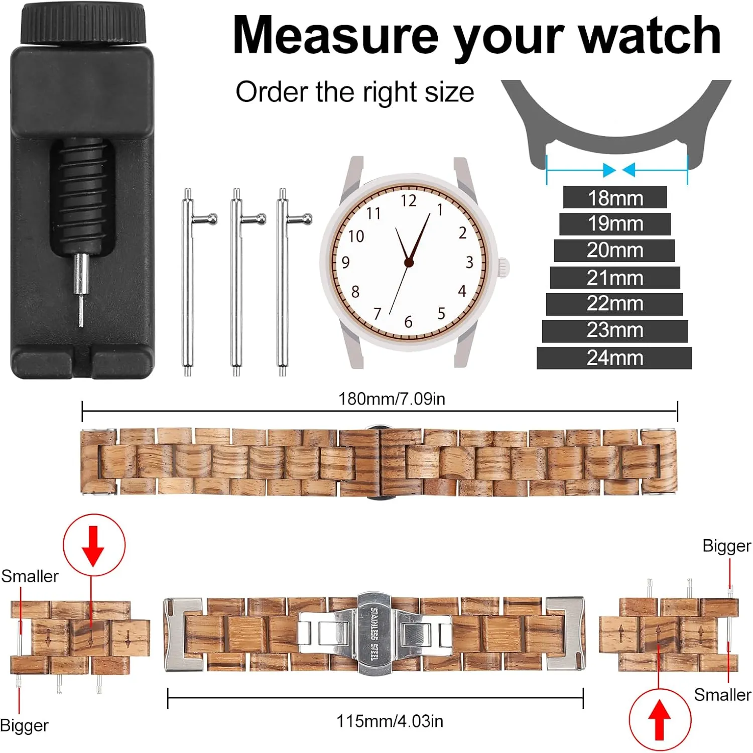20mm$ luxury 21mm$ 22mm$ 23mm or 24mm Quick Release Watch Band$ Natural Wood Watch Band$ Choice of Strap Colour and Width 18mm$ 19mm$ 