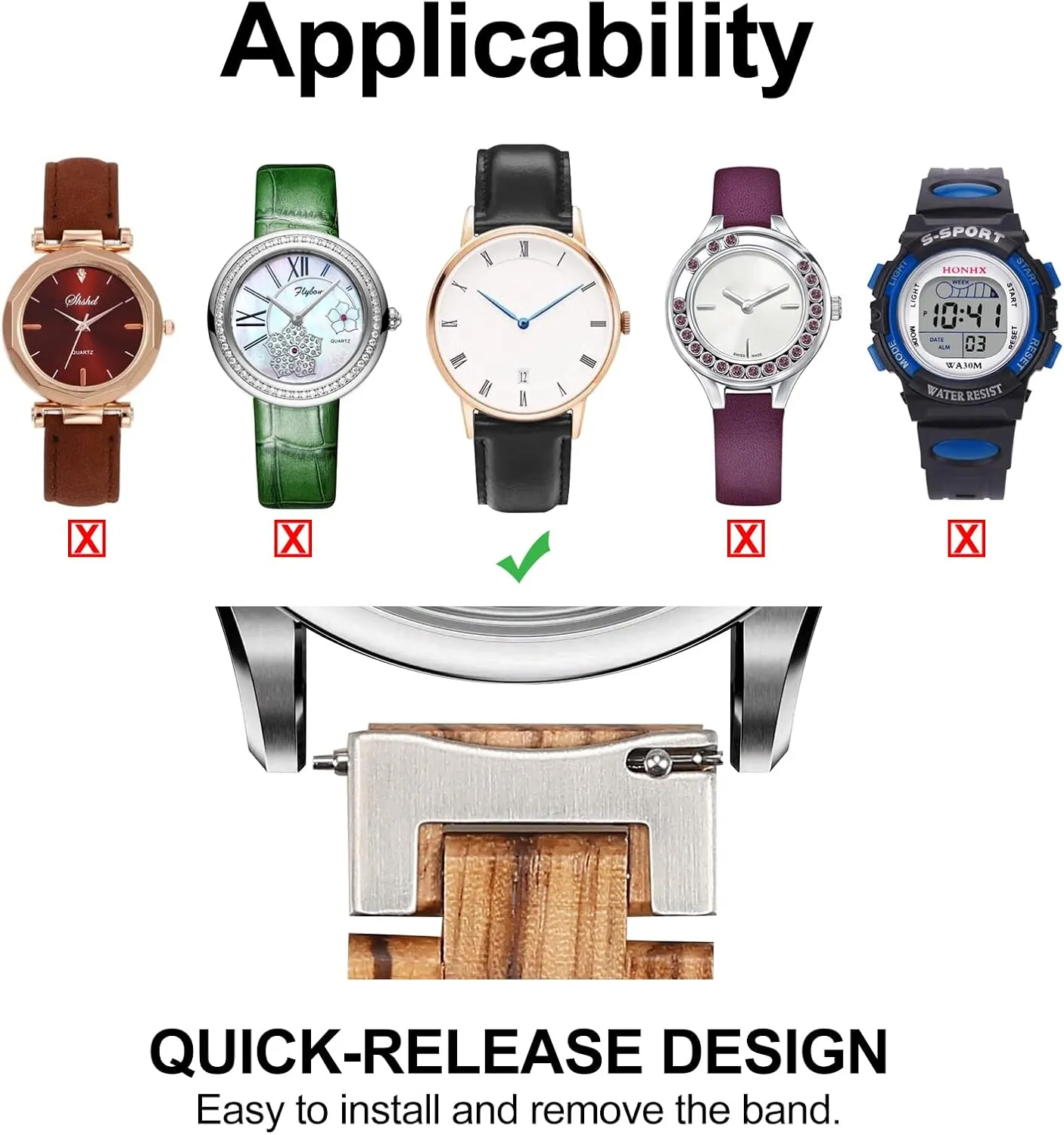20mm$ luxury 21mm$ 22mm$ 23mm or 24mm Quick Release Watch Band$ Natural Wood Watch Band$ Choice of Strap Colour and Width 18mm$ 19mm$ 
