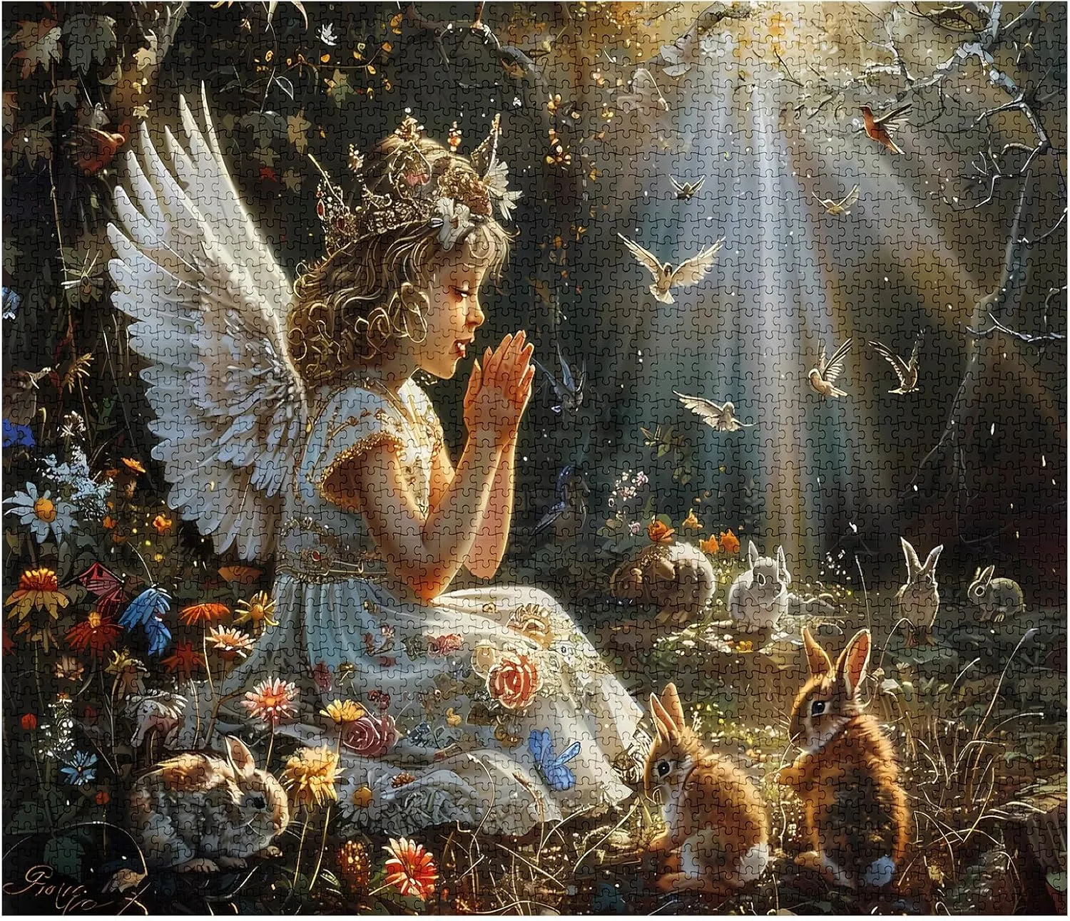 27 Inches Baby Angel Girl Jigsaw Puzzle 1000 Pieces Puzzles for Adults$ Prayerful Angel in Forest Jigsaw Puzzles for Challenging Family Activity Games DIY Puzzle for Home Wall Decor Gifts - 20 scowl x 