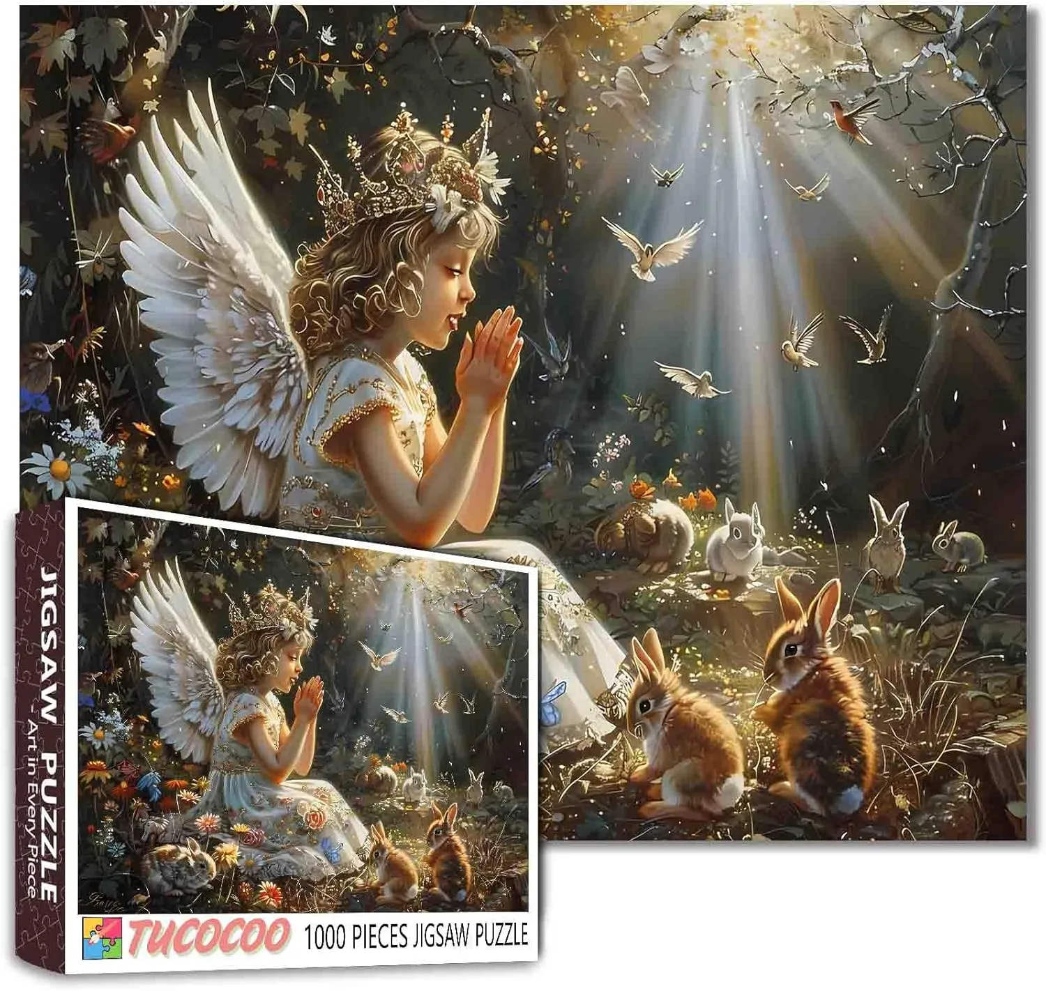 27 Inches Baby Angel Girl Jigsaw Puzzle 1000 Pieces Puzzles for Adults$ Prayerful Angel in Forest Jigsaw Puzzles for Challenging Family Activity Games DIY Puzzle for Home Wall Decor Gifts - 20 scowl x 