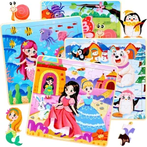 4-6 - 48 Pcs Wooden Realistic Montessori Toddler Puzzles Ages 3-5 - Princess Mermaid Insect per Learning Games for Boys and Girls 4-8 Year Olds 4SET Puzzles for Kids Ages 