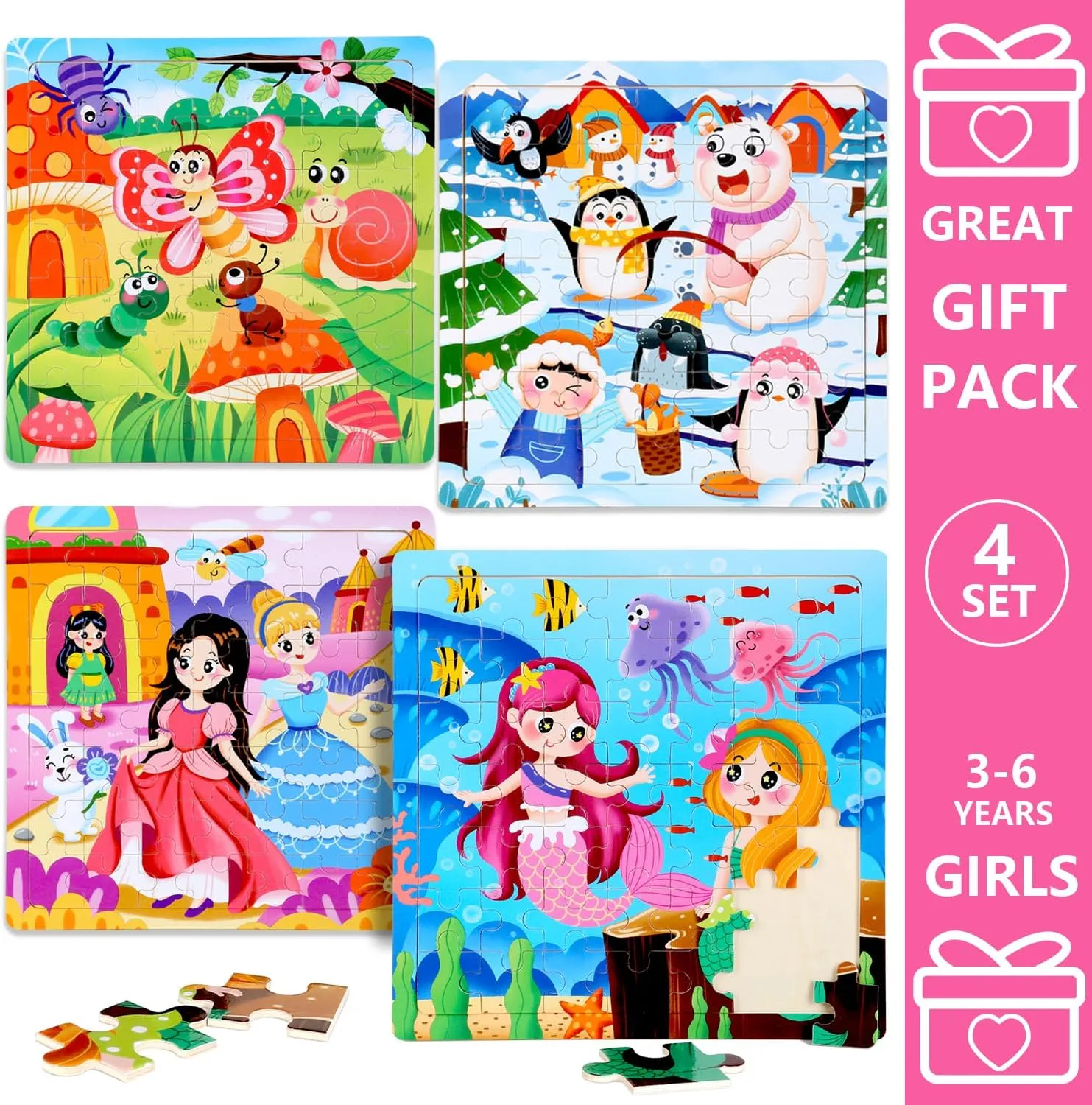 4-6 - 48 Pcs Wooden Realistic Montessori Toddler Puzzles Ages 3-5 - Princess Mermaid Insect per Learning Games for Boys and Girls 4-8 Year Olds 4SET Puzzles for Kids Ages 