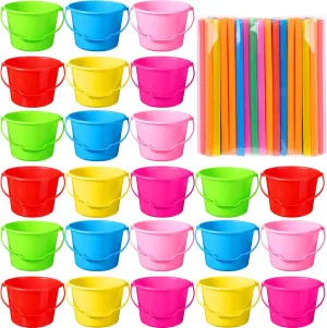 4.53 Inch$Multi Color) Sratte 24 Pcs Small Beach Pails Sand Buckets with 100 Disposable fix signal physic velocity knack wish Straws Plastic Bucket with Handle Beach Toys for Summer Holiday Birthday Party Favors(6.1 x 4.33 x 