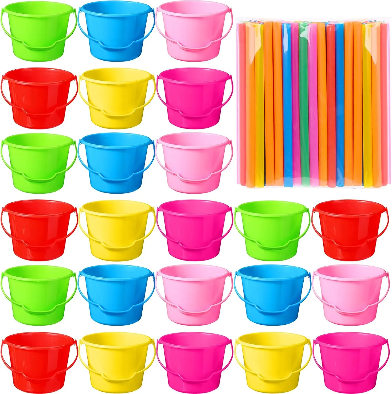4.53 Inch$Multi Color) Sratte 24 Pcs Small Beach Pails Sand Buckets with 100 Disposable fix signal physic velocity knack wish Straws Plastic Bucket with Handle Beach Toys for Summer Holiday Birthday Party Favors(6.1 x 4.33 x 