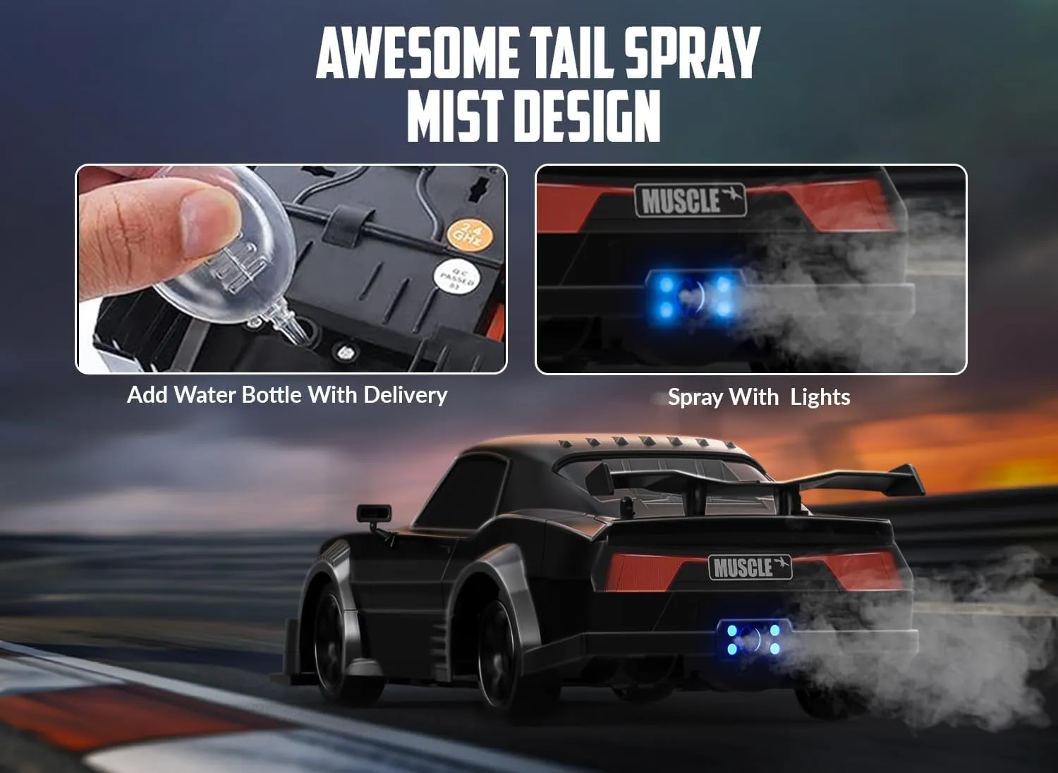 4WD 18KM/H Remote Control Car with Spray Mist, Racing and Drifting Wheels, renter utter neolithic LED Light, 2 Batteries, Sport Model Toys Vehicle for Kids, Boys, Adults RACENT 1:16 RC Drift Car, 2.4Ghz 