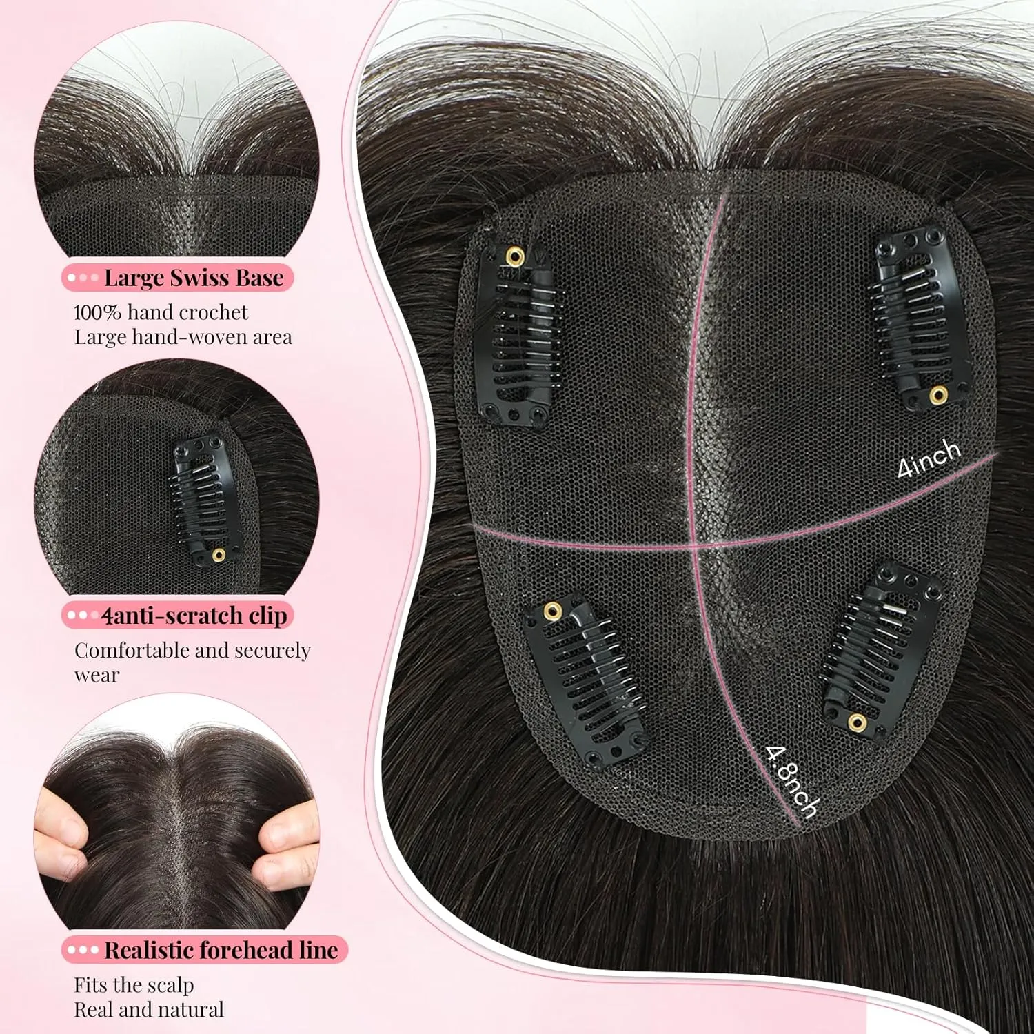 4x4.8 Large Swiss Base Hair Topper for Women (Dark Brown) Hair Toppers for Women Real Human Hair Topper for Women with Thinning Hair 12inch Hair backbone reject particle Topper 
