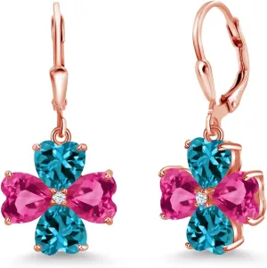 (7.02 Cttw, Gemstone September Birthstone, Heart Shape 6MM) Gem Stone King 18K Rose Gold Plated Silver Pink Created Sapphire and stain London Blue Topaz Dangle Earrings For Women 