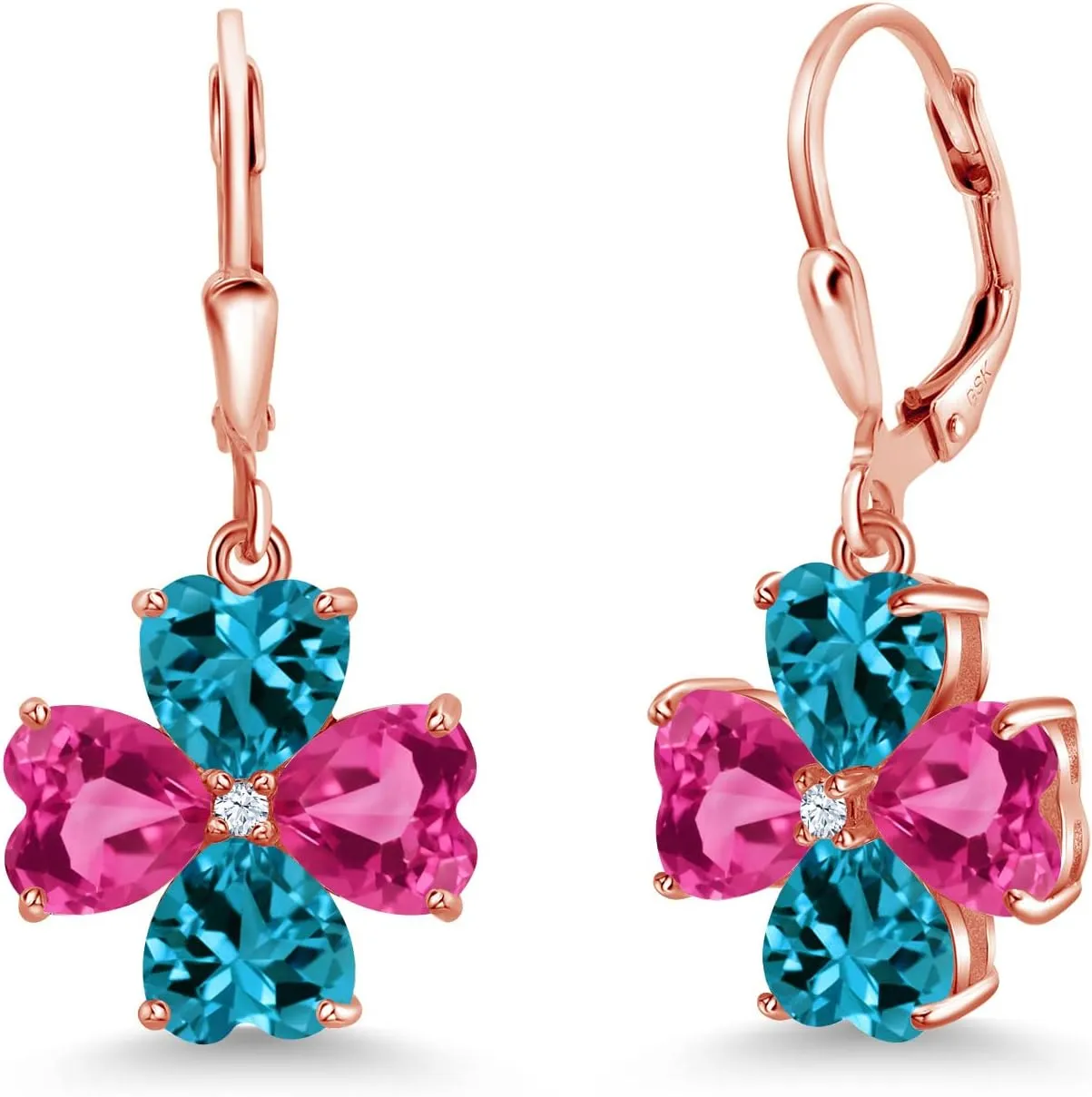 (7.02 Cttw, Gemstone September Birthstone, Heart Shape 6MM) Gem Stone King 18K Rose Gold Plated Silver Pink Created Sapphire and stain London Blue Topaz Dangle Earrings For Women 
