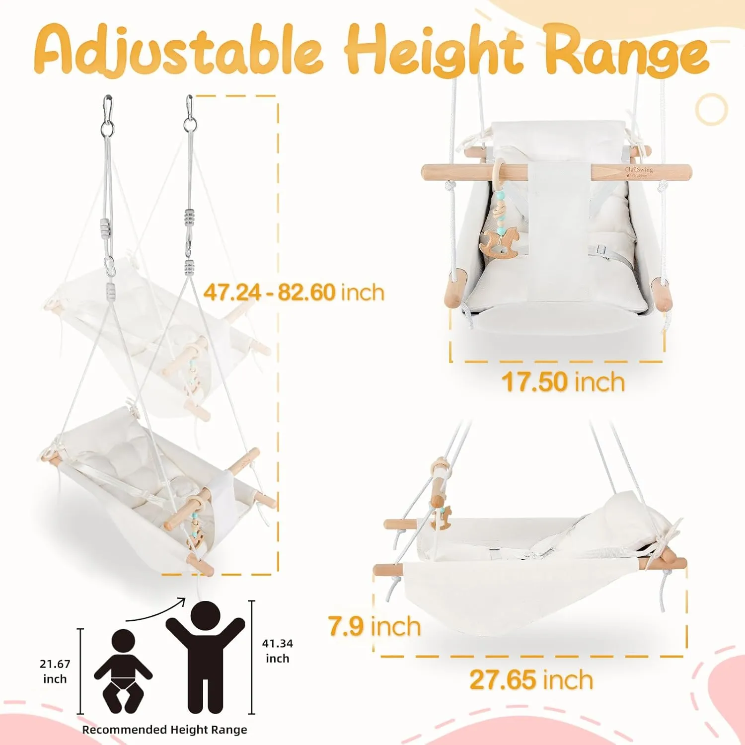 a Comfortable Seat$ Macaroon Wooden Toy$ Adjustable 5-Point Harness$Gift recharge forth for Baby Boys Girls$ 3 Modes$ White Baby Swing Indoor and Outdoor$ Canvas Hammock Swing for Baby to Toddler with 