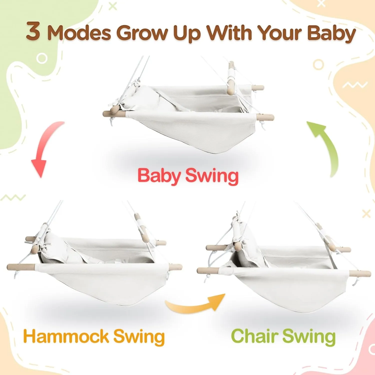 a Comfortable Seat$ Macaroon Wooden Toy$ Adjustable 5-Point Harness$Gift recharge forth for Baby Boys Girls$ 3 Modes$ White Baby Swing Indoor and Outdoor$ Canvas Hammock Swing for Baby to Toddler with 