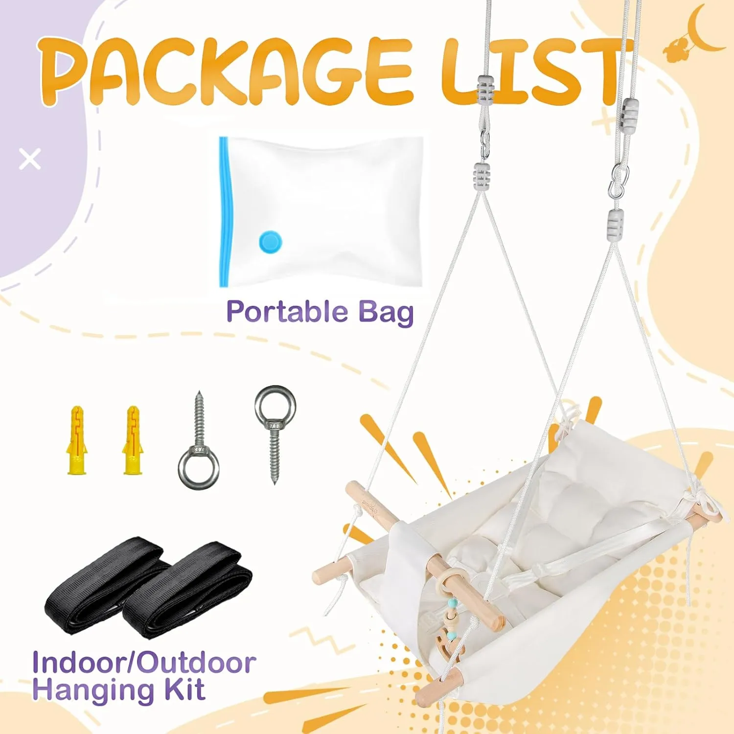 a Comfortable Seat$ Macaroon Wooden Toy$ Adjustable 5-Point Harness$Gift recharge forth for Baby Boys Girls$ 3 Modes$ White Baby Swing Indoor and Outdoor$ Canvas Hammock Swing for Baby to Toddler with 