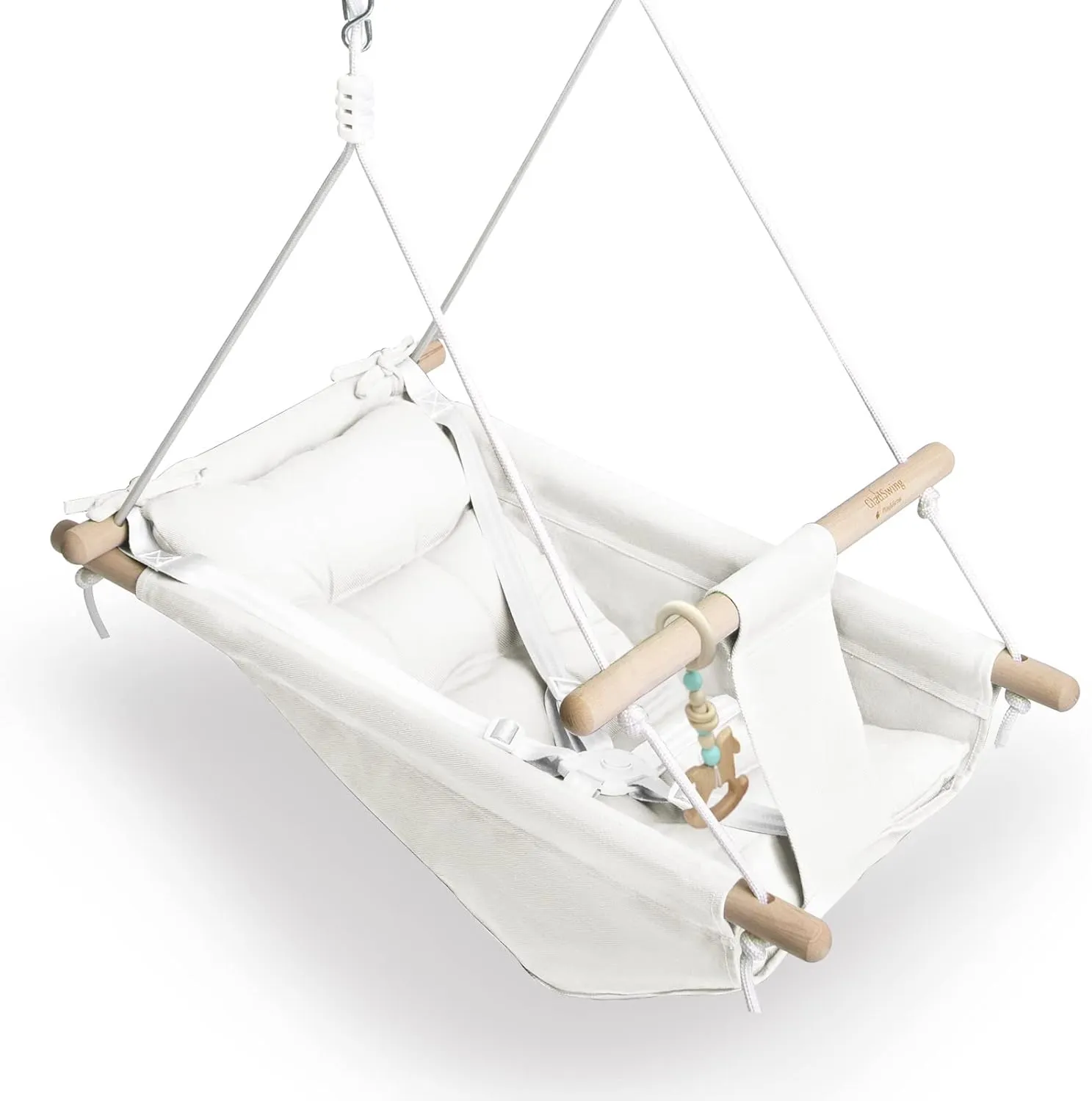 a Comfortable Seat$ Macaroon Wooden Toy$ Adjustable 5-Point Harness$Gift recharge forth for Baby Boys Girls$ 3 Modes$ White Baby Swing Indoor and Outdoor$ Canvas Hammock Swing for Baby to Toddler with 