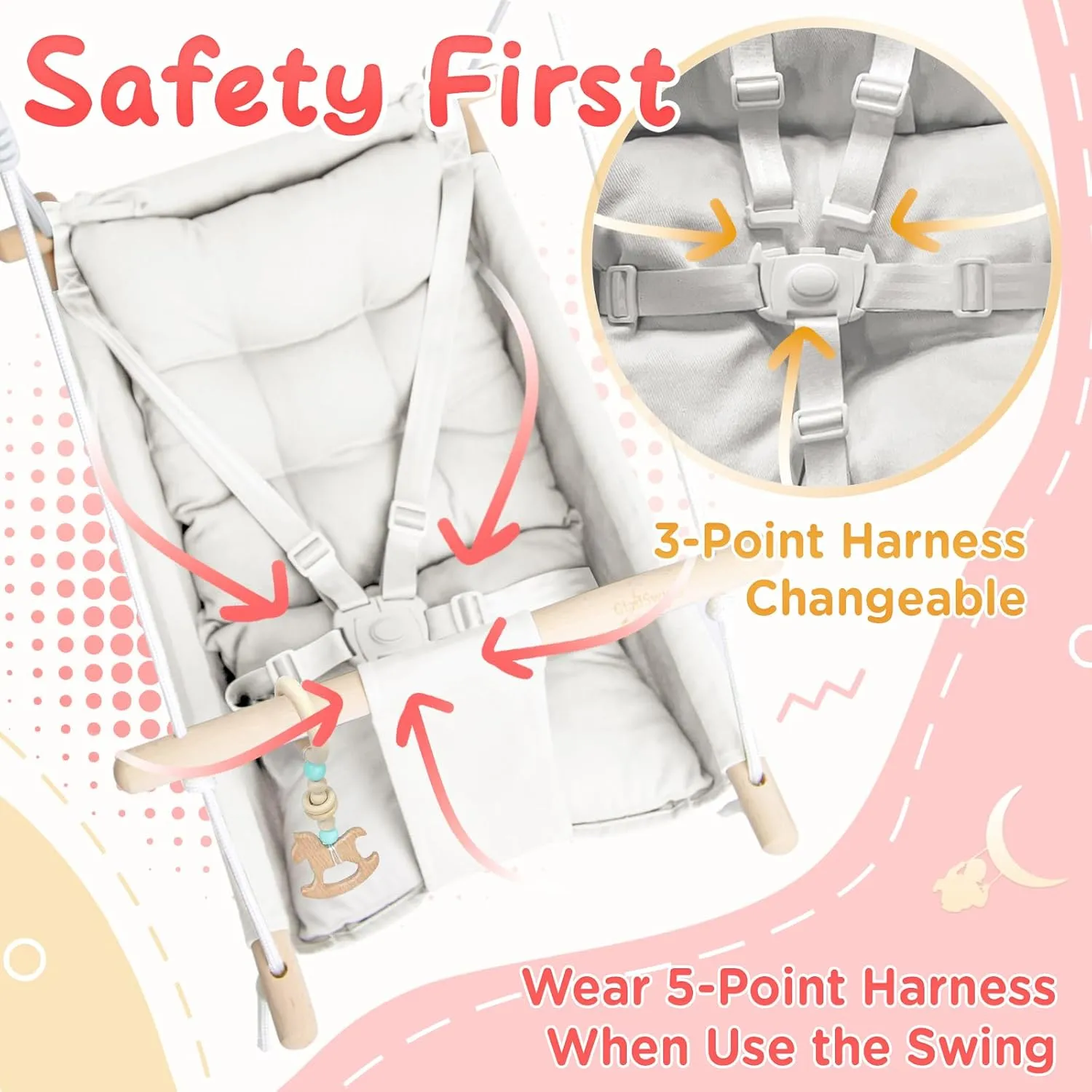 a Comfortable Seat$ Macaroon Wooden Toy$ Adjustable 5-Point Harness$Gift recharge forth for Baby Boys Girls$ 3 Modes$ White Baby Swing Indoor and Outdoor$ Canvas Hammock Swing for Baby to Toddler with 