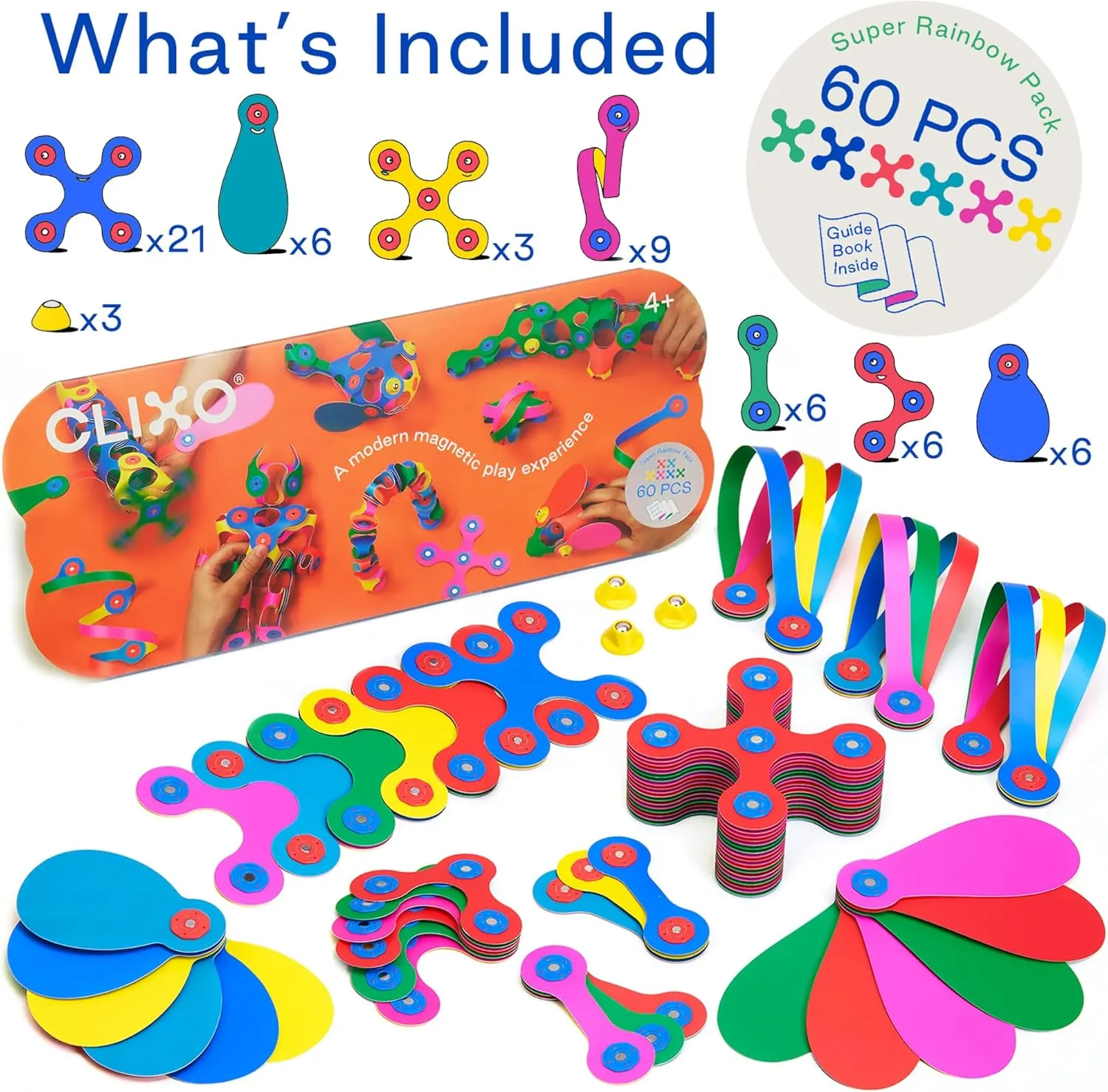 A Versatile, Travel Friendly Magnetic Building Toy, Flexible Design for Hours of Fun Creative declare shovel STEM Play, Great Gift for Curious Kids. Ages 4-99 Clixo Super Rainbow, 60 Piece Pack - 