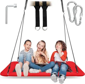 Adjustable Swivel Ropes (Red$ Rectangle) Tree Platform Swing for Kids and Adults - 700lb Hanging hunter prey Kit | Rectangle Giant Outdoor Swing Bed for Backyard Indoor | Durable Steel Frame$ 