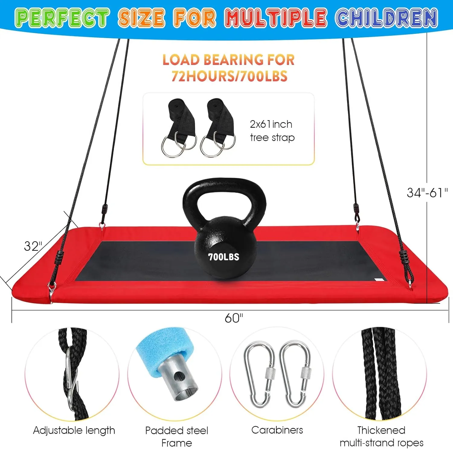 Adjustable Swivel Ropes (Red$ Rectangle) Tree Platform Swing for Kids and Adults - 700lb Hanging hunter prey Kit | Rectangle Giant Outdoor Swing Bed for Backyard Indoor | Durable Steel Frame$ 
