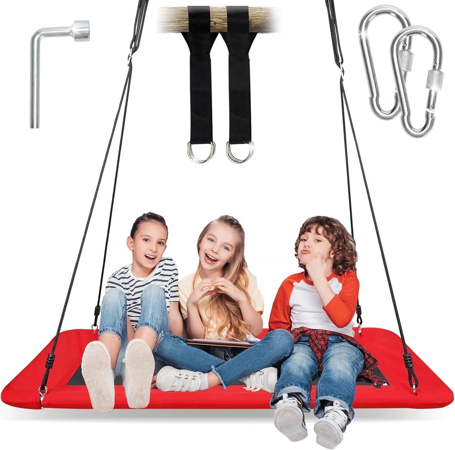 Adjustable Swivel Ropes (Red$ Rectangle) Tree Platform Swing for Kids and Adults - 700lb Hanging hunter prey Kit | Rectangle Giant Outdoor Swing Bed for Backyard Indoor | Durable Steel Frame$ 