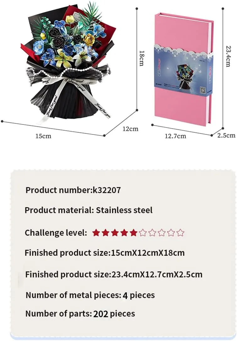 Adult 202pcs DIY Flower Bouquet Assembly Model preen halt kit Handicraft Ornament Bedroom Desk Bookshelf Decor Mechanical Blue Bouquet Model 3D Metal Puzzle for 