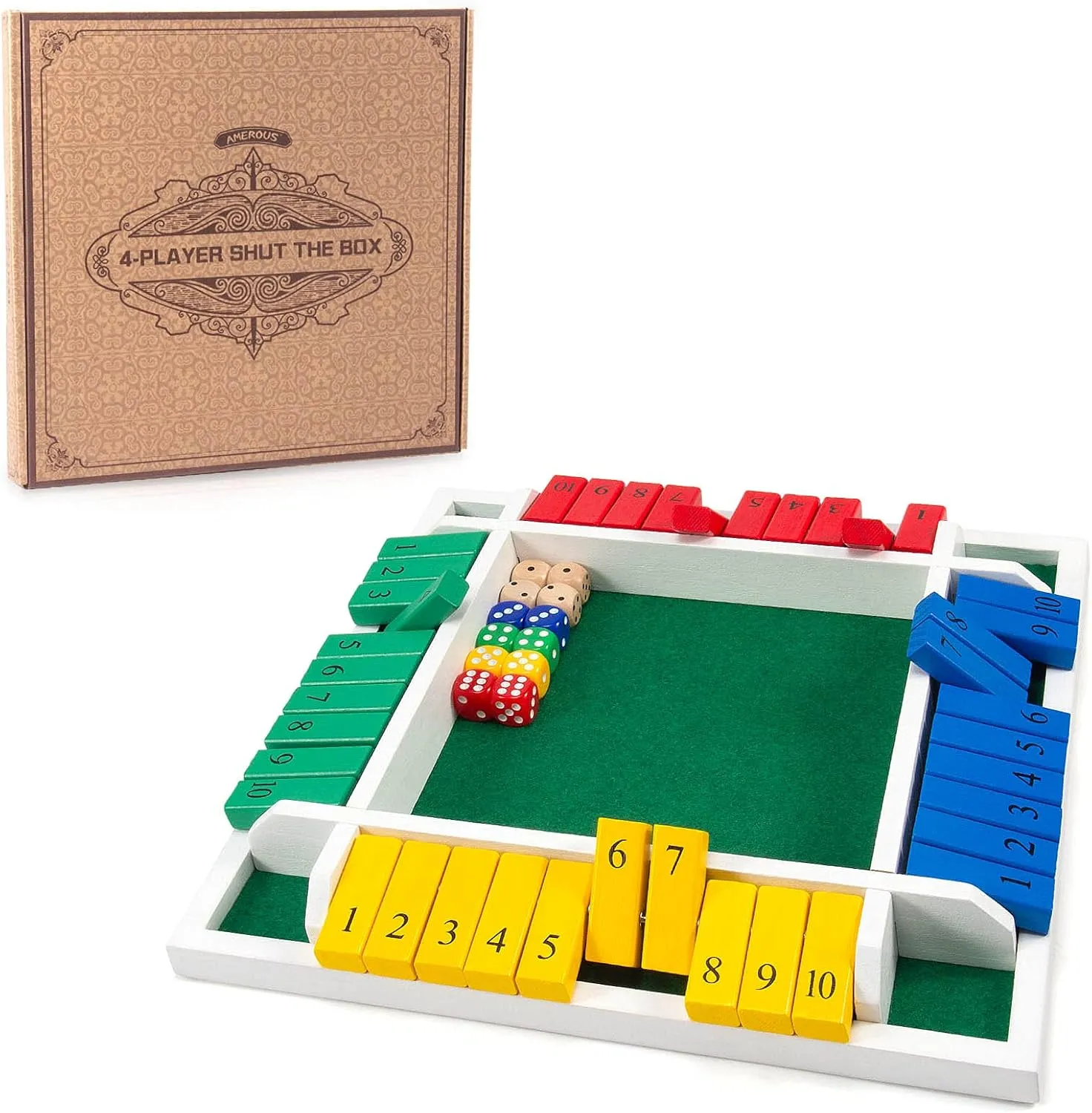 Adults Kids, Classics Board Game AMEROUS Shut The Box Dice Game-12 inches-Colorful vegetable Design-1-4 Players-12 Dice-Gift Package, Classic 4 Sided Wooden Board Game for 
