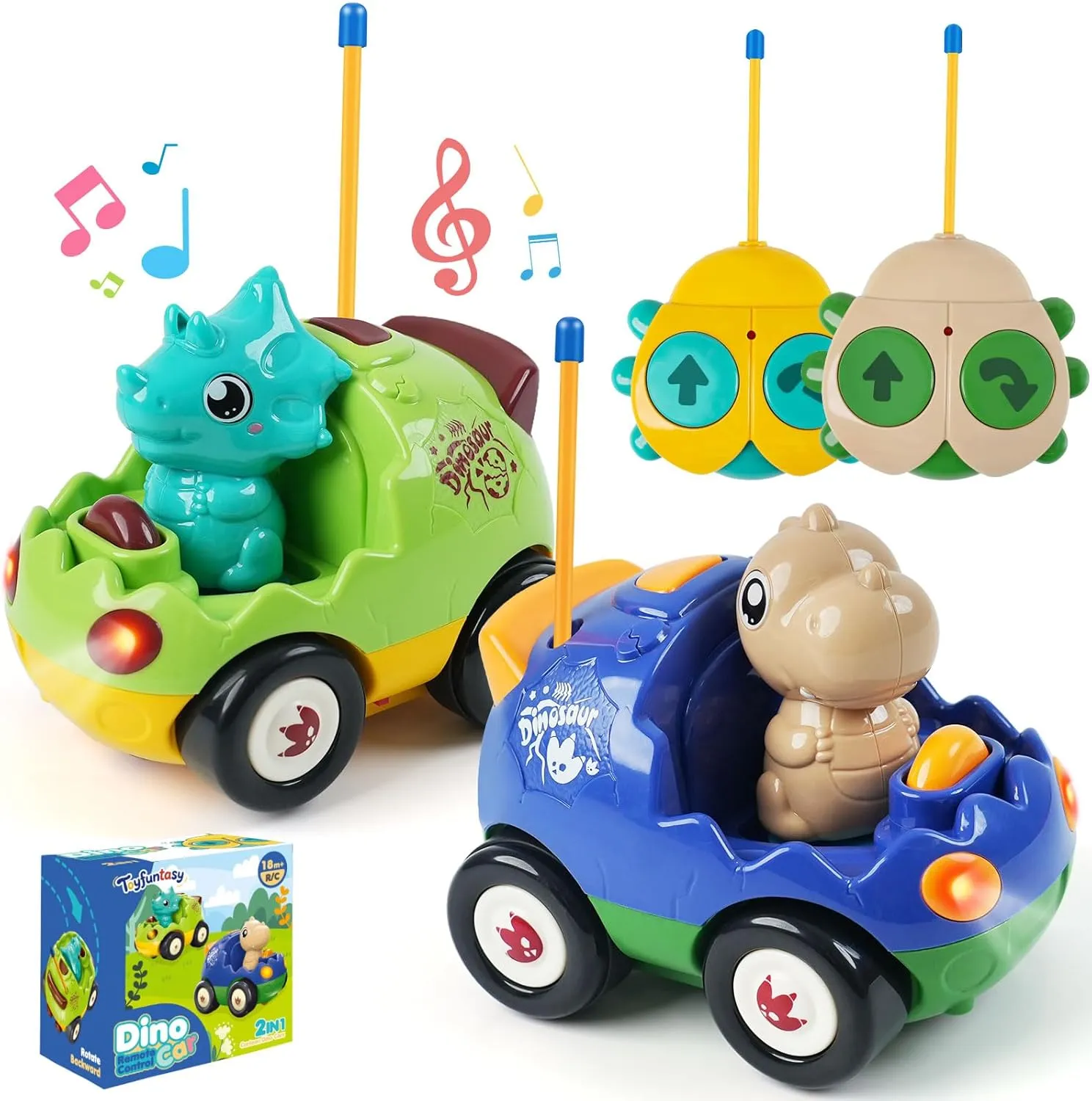 Ages 2 3 4 5 Year Old, Electric RC Dino Car Toys for Toddlers 18  icebox Months with Lights and Music 2-Pack Remote Control Dinosaur Cars for Kids �C Best Birthday Gifts for Boys 