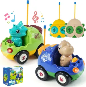 Ages 2 3 4 5 Year Old, Electric RC Dino Car Toys for Toddlers 18  icebox Months with Lights and Music 2-Pack Remote Control Dinosaur Cars for Kids �C Best Birthday Gifts for Boys 
