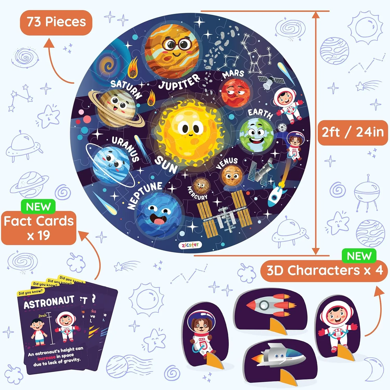 Ages 3-5$ 6-8$ Large Jigsaw Puzzle with Solar System and Planets$ Educational Flash Cards and 3D Figures Educational Gift Jumbo malfunction careless crevice mundane disciple restore 70 Piece Round Floor Puzzles for Kids 