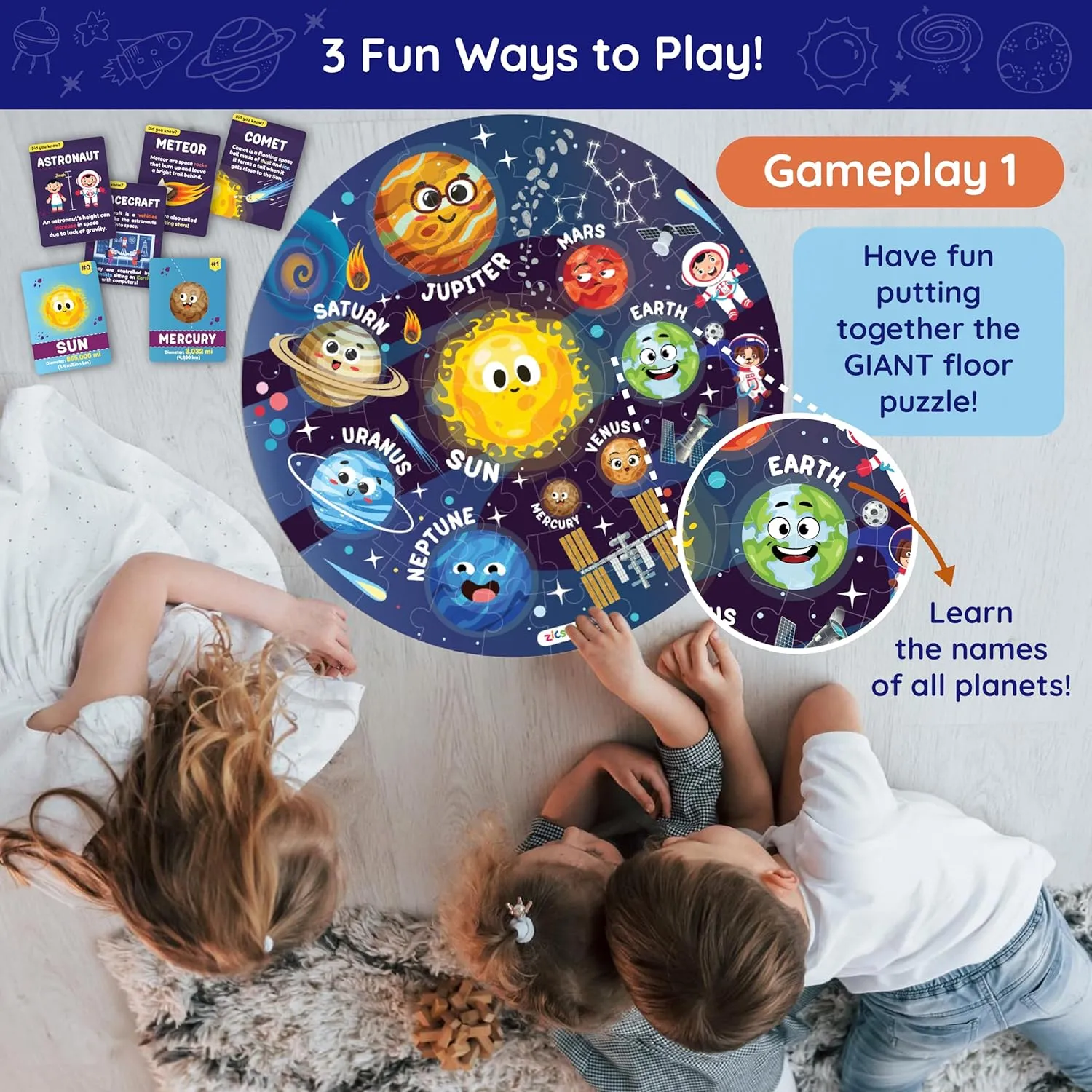 Ages 3-5$ 6-8$ Large Jigsaw Puzzle with Solar System and Planets$ Educational Flash Cards and 3D Figures Educational Gift Jumbo malfunction careless crevice mundane disciple restore 70 Piece Round Floor Puzzles for Kids 