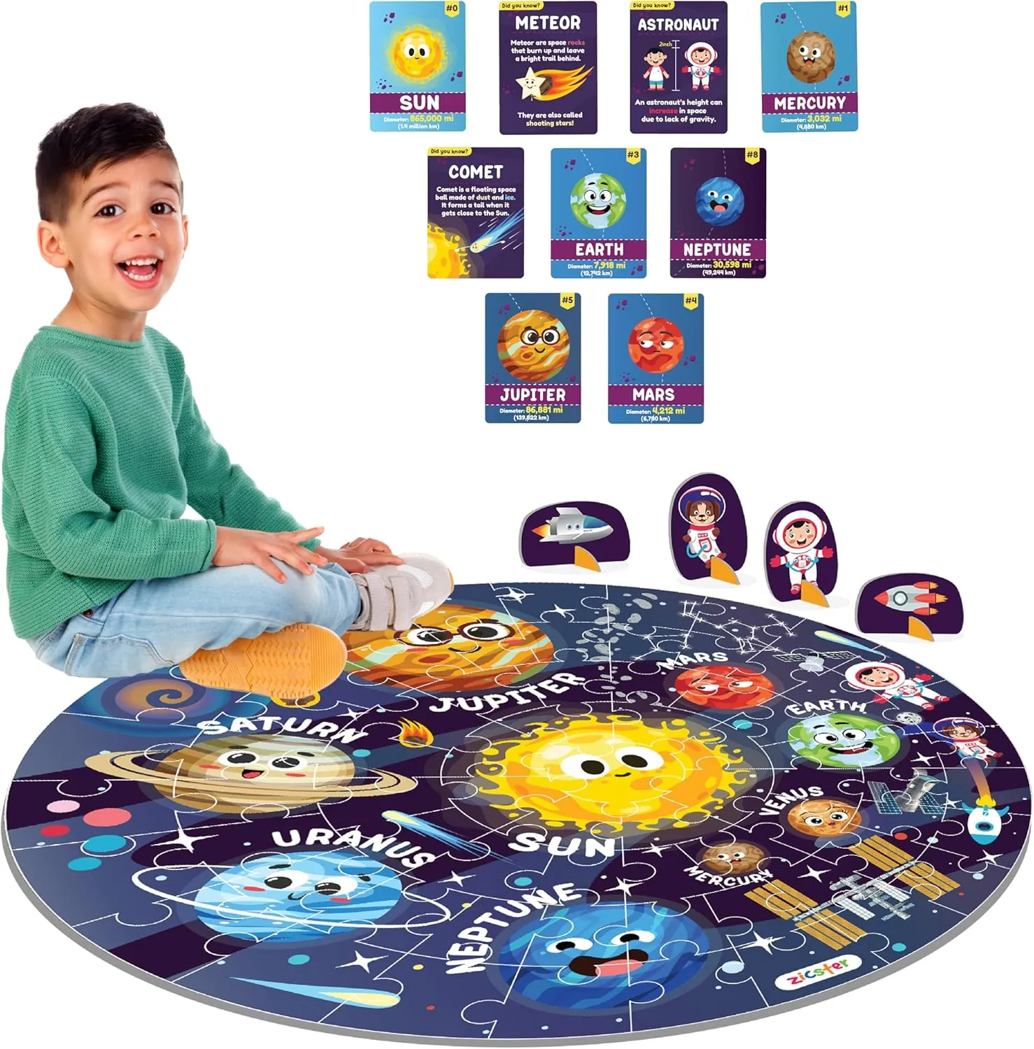Ages 3-5$ 6-8$ Large Jigsaw Puzzle with Solar System and Planets$ Educational Flash Cards and 3D Figures Educational Gift Jumbo malfunction careless crevice mundane disciple restore 70 Piece Round Floor Puzzles for Kids 