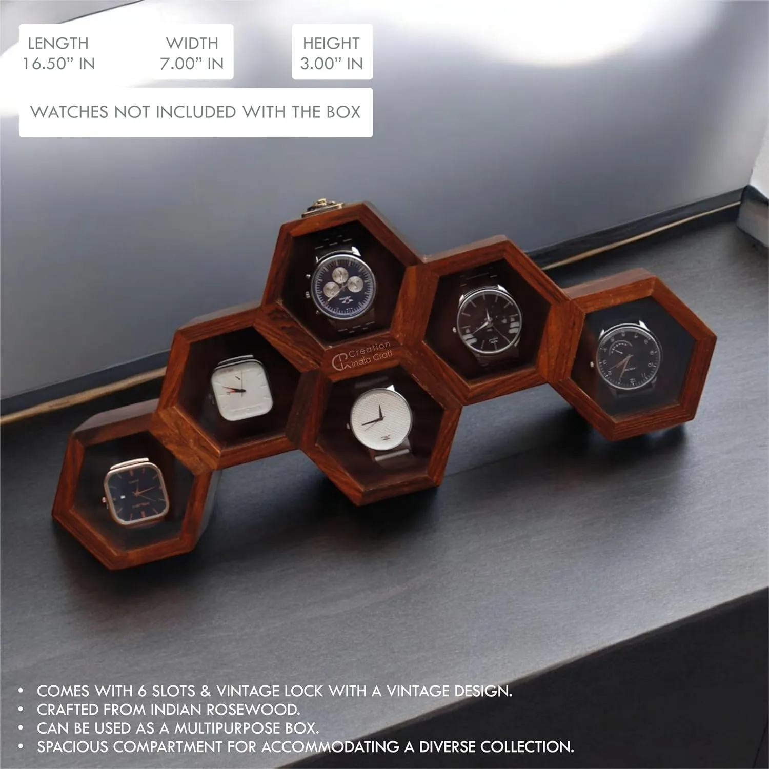 & Indian Rosewood Crafted midst ethological precise drape credence Wooden Watch Display Box$ Rosewood and Maple Construction$ Glass Lid with Vintage Lock$ Jewellery Storage Case - Maple 