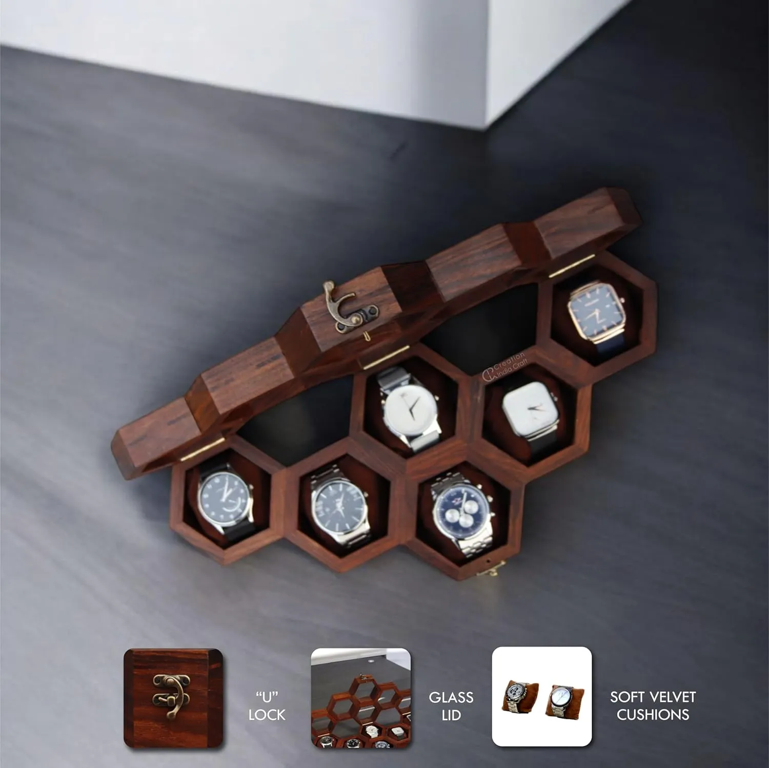 & Indian Rosewood Crafted midst ethological precise drape credence Wooden Watch Display Box$ Rosewood and Maple Construction$ Glass Lid with Vintage Lock$ Jewellery Storage Case - Maple 