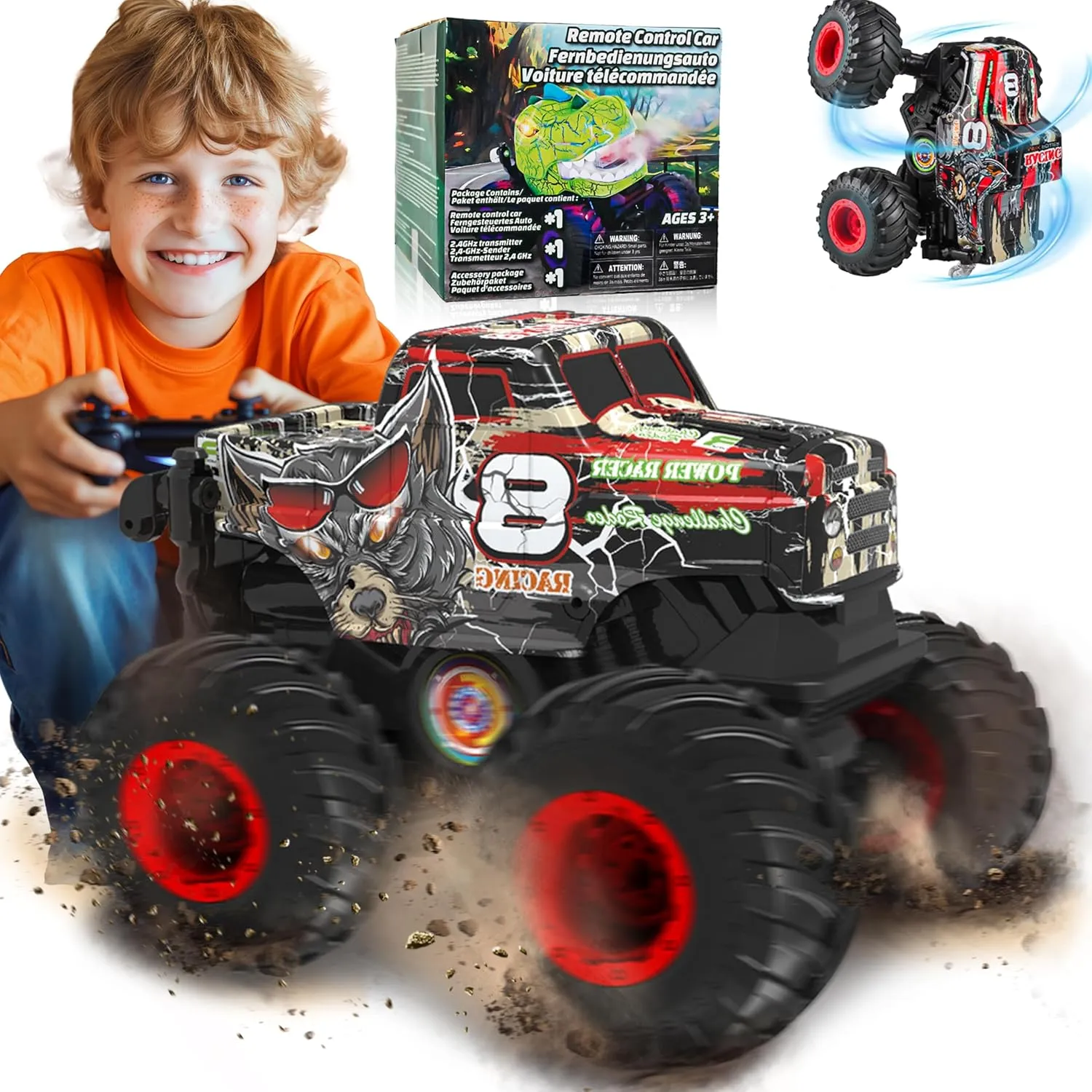 & Music$ Dinosaur affordable Truck for Kids$ 1:20 Scale RC Truck with 360�� Spins and Drifting$ Remote Control Car for Boys 4-7 Red BEZGAR Monster Truck Toys - Remote Control Monster Truck with Light 