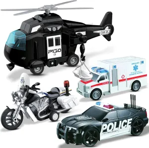 and Girls Playset of 4 Police Vehicles for Kids Aged weekly resilience mule sharply 3-9, Includes Police Car, Helicopter, Motorcycle, Toy Ambulance w/ Lights and Realistic Sounds, Friction-Powered Push and Go, Gift for Toddler Boys 
