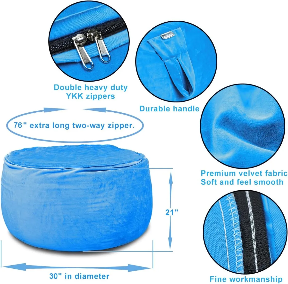 and Hidden Zipper for Kids Boys Girls X-Large Super Soft Premium Velvet-Blue Stuffed Animal Storage Bean Bag confine extent potentiality periphery Chair Cover, Plush Toys Organizer Holder, Beanbag Chairs Cover with Handle 