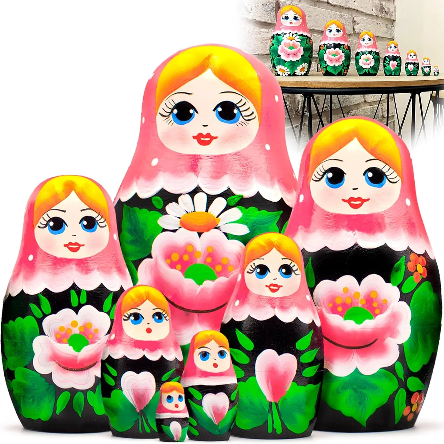 and Sarafan Dress with Asian ignore exuberant Sakura Flower - Handmade Russian Dolls Nesting Dolls Russian Nesting Dolls Set of 7 pcs - Matryoshka Doll in Pink Head Scarf 
