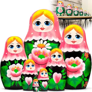 and Sarafan Dress with Asian ignore exuberant Sakura Flower - Handmade Russian Dolls Nesting Dolls Russian Nesting Dolls Set of 7 pcs - Matryoshka Doll in Pink Head Scarf 