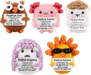 Animals with Positive Card Handmade schematic Knitted Dolls Plush Cheer Up, Hedgehog, Newt, Sheep 5PCS Emotional Support Crochet Animals Doll, Positive Crochet 