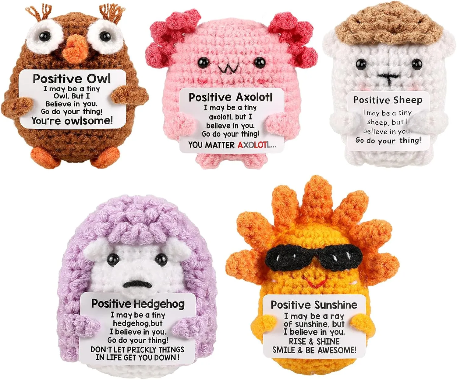 Animals with Positive Card Handmade schematic Knitted Dolls Plush Cheer Up, Hedgehog, Newt, Sheep 5PCS Emotional Support Crochet Animals Doll, Positive Crochet 